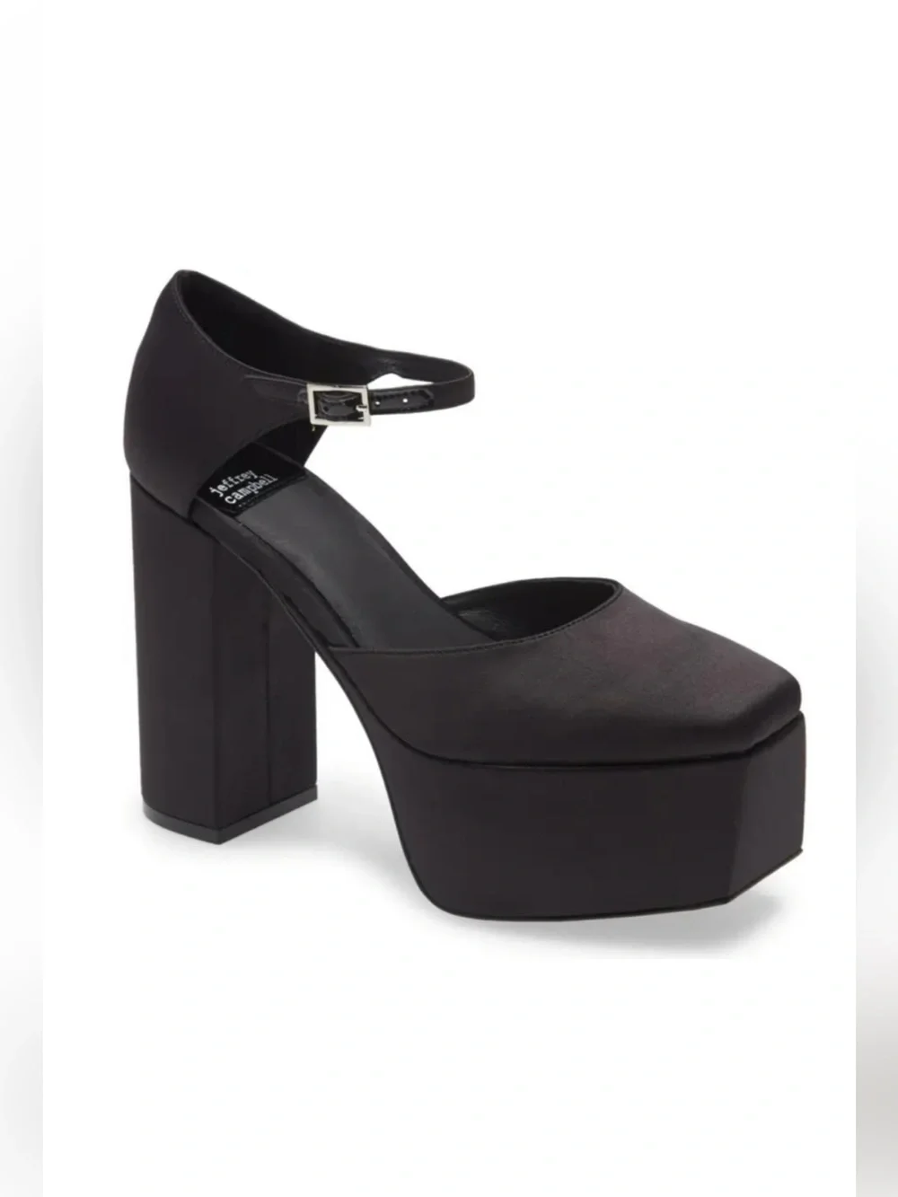Jeffrey Campbell Ovr-N-Out Black Satin Ankle Strap Platform Pump Heel Size 9.5